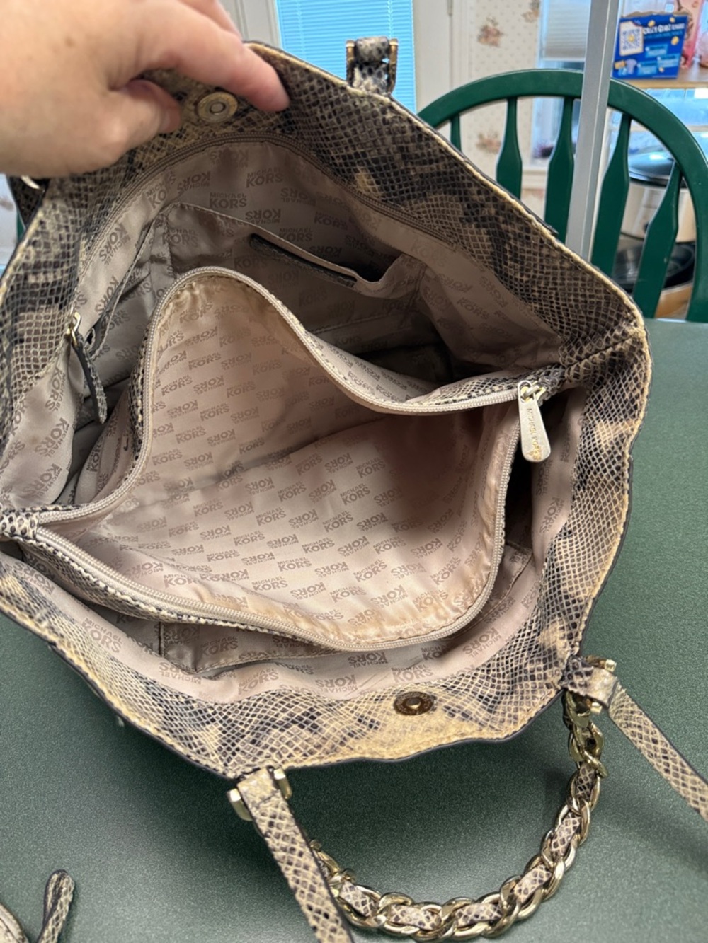 Michael Kors Beige and Brown Snake-Print Tote with Gold Chain - Picture 5 of 5